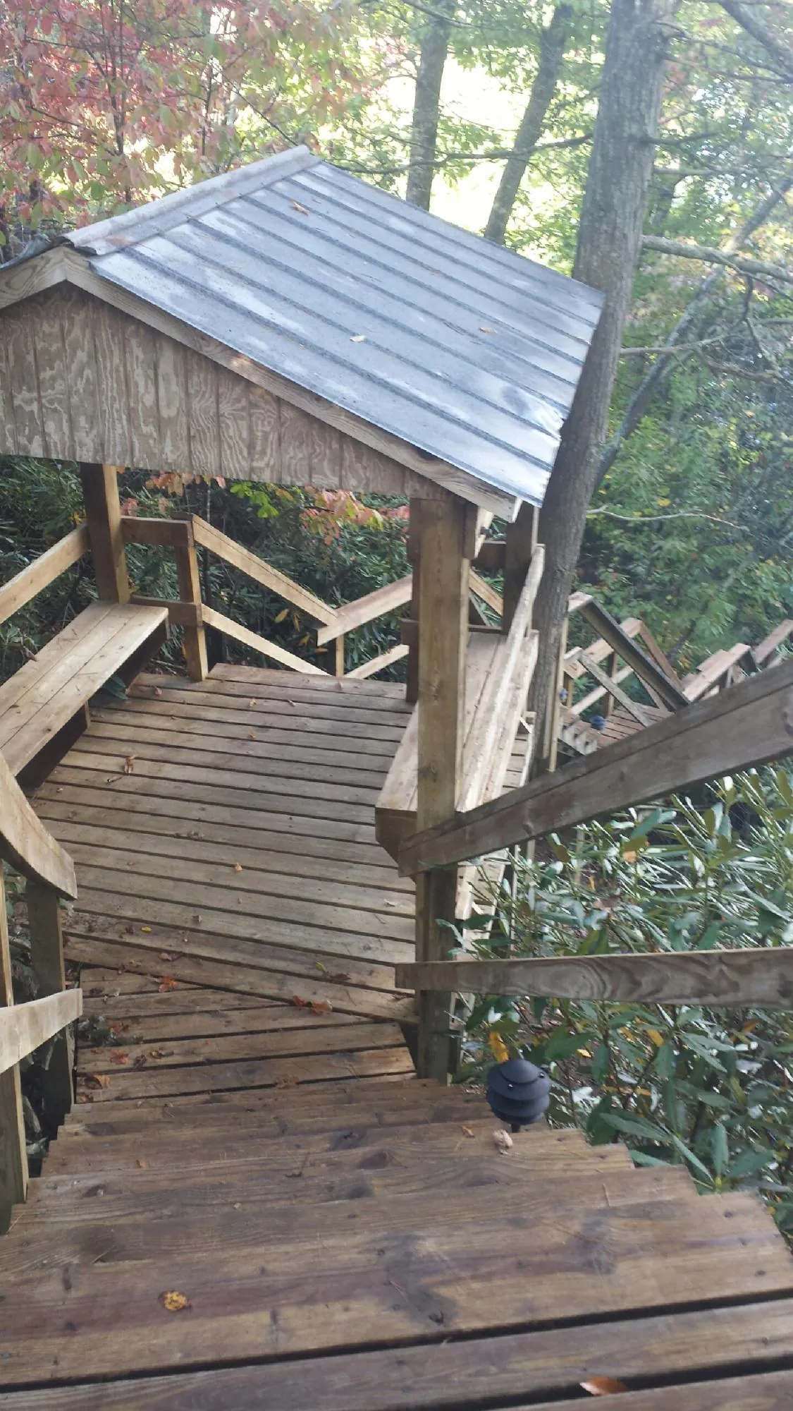 Metal roofed shelter over wooden steps on a wooded walkway — Skylight Repair & Installation work by our crew in La Ward